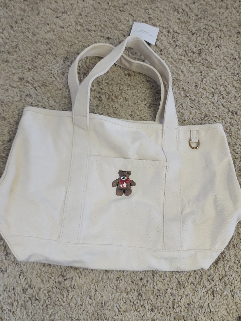 Canvas Tote Bag with Teddy Embroidery - Cream